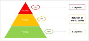 Cut-off points and priority levels established in the stratification tool for patients with cardiovascular disease.