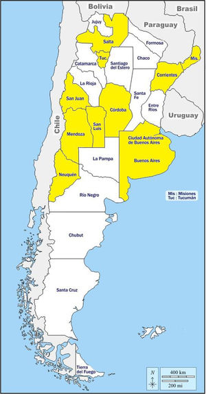 Provincias (en color amarillo) con unidades de residencias activas en Argentina en 2023.