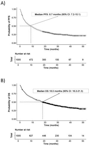 (A) PFS curve in patients with NSCLC and PD-L1 ≥50% treated with pembrolizumab as first-line therapy; (B) OS curve in patients with NSCLC and PD-L1 ≥50% treated with pembrolizumab as first-line therapy.