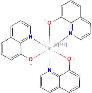 Chemical structure of [111In]In-oxine. It is a complex consisting of 3 oxine (8-hydroxyquinoline) molecules and one 111In atom. Source: PubChem Compound Database, 119117. Available at: https://pubchem.ncbi.nlm.nih.gov/compound/Indium-In-111-Oxyquinoline.