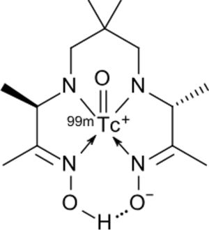 Chemical structure of [99mTc]exametazime. Author: X, Wikipedia, CC BY-SA 4.0, https://commons.wikimedia.org/wiki/File:Tc-99m_exametazime_skeletal.svg.
