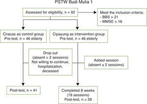 Flowchart of participants through the study. BBS, Berg Balance Scale; MMSE, Mini-Mental State Examination; PSTW, Pan-ti Sosial Tresna Werdha.