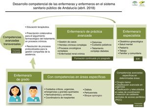 Representación gráfica del desarrollo competencial por perfiles de práctica en el SSPA. Estrategia de cuidados de Andalucía, 2018.