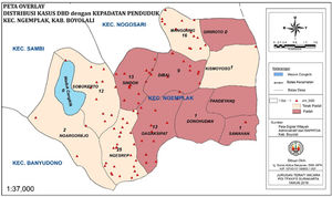 Overlay of population density and the distribution of dengue fever case.