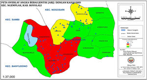 Overlay map of free mosquito larva number and the distribution of dengue fever case.