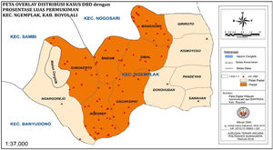 Overlay map of the width of settlement percentage and the distribution of dengue fever case.