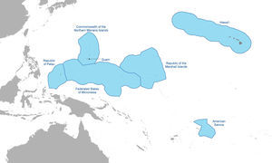 Map of the Pacific Islands region (East-West Center, 2012). The focal subregion includes Hawai’i and the U.S.-Affiliated Pacific (USAPI): Federated States of Micronesia (FSM), American Sāmoa, Guam, Palau, Republic of the Marshall Islands (RMI), and Commonwealth of the Northern Mariana Islands (CNMI).