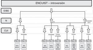 Árbol de decisión desde la variable introversión. E/BS: extroversión/búsqueda de sensaciones; N: neuroticismo; CUI: insensibilidad emocional, impulsividad/agresividad.