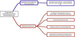 Extensión propuesta de la cirugía abierta del aneurisma de arco aórtico. Fuente: Hiratzka et al.4.