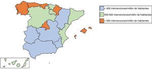 Distribución de la media de intervenciones cardiacas mayores por millón de habitantes, estratificadas por comunidad autónoma.