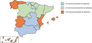 Distribución de la media de intervenciones de revascularización coronaria aislada por millón de habitantes, estratificadas por comunidad autónoma.