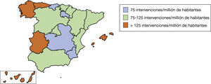 Distribución de la tasa de intervenciones de revascularización coronaria aislada por millón de habitantes al año en las distintas comunidades autónomas.