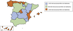 Distribución de la media de intervenciones cardiacas mayores por millón de habitantes, estratificadas por comunidad autónoma.