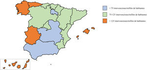 Distribución de la tasa de intervenciones de revascularización coronaria aislada por millón de habitantes al año en las distintas comunidades autónomas.
