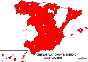 Mapa de España indicando los servicios que contestaron la encuesta agregados por comunidades autónomas. Total 32 servicios de 13 comunidades autónomas.