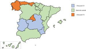 Distribución de la media de intervenciones cardiacas mayores por millón de habitantes en el 2019, estratificadas por comunidad autónoma.