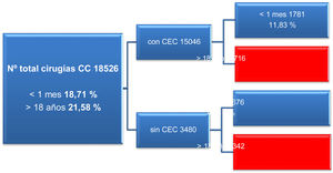 Cirugía cardiovascular de pacientes congénitos en los últimos 9 años, resaltando las intervenciones en neonatos y en adultos. CC: cardiopatía congénita; CEC: circulación extracorpórea.