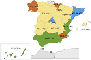 Mapa de España con la distribución geográfica de la cirugía de las CC en las distintas comunidades autónomas (CCAA) en el año 2021. – En azul: CCAA con >25% de actividad: Madrid y Cataluña. – En verde: CCAA con actividad entre 6-10%: Andalucía, Comunidad Valenciana y Canarias. – En naranja: CCAA con actividad entre 2-5%: País Vasco, Galicia y Murcia. – En beige: resto de las CCAA, que tienen <2% actividad en CC.