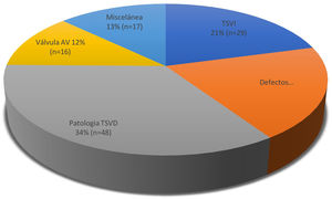 Indicaciones de la cirugía. TSVD: tracto de salida del ventrículo derecho; Defectos septales: Comunicación interauricular y otros defectos septales con/sin drenaje venosos pulmonar anómalo asociado. TSVI: tracto de salida de ventrículo izquierdo; Válvulas AV: patología de las válvulas auriculoventriculares.