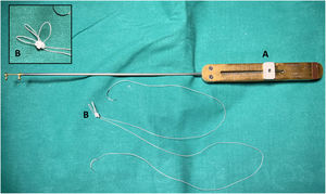 Calibrador de neocuerdas de Mohr (A) y lazadas múltiples para reemplazo de cuerdas (B).