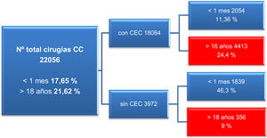 Cirugía cardiovascular de pacientes congénitos en los últimos 11 años, resaltando las intervenciones en neonatos y en adultos. CC: cardiopatía congénita; CEC: circulación extracorpórea.
