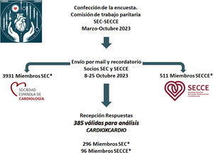 Flujo de trabajo del estudio CARDIOXCARDIO. SEC: Sociedad Española de Cardiología; SECCE: Sociedad Española de Cirugía Cardiovascular y Endovascular. *Un profesional puede pertenecer a ambas sociedades.