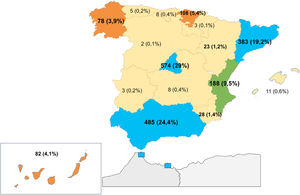 Mapa de España mostrando la distribución geográfica de la cirugía de las cardiopatías congénitas en las distintas comunidades autónomas (CC. AA.) en el año 2023. En azul CC. AA. Con >10% de actividad: Madrid, Andalucía y Cataluña. En verde CC. AA. con actividad entre el 6-10%: Comunidad Valenciana En naranja CC. AA. con actividad entre el 2-5%: País Vasco, Canarias y Galicia. En beige el resto de CC. AA., tienen <2% de actividad en cardiopatías congénitas.