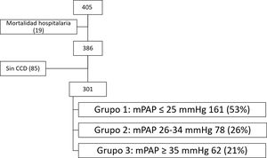 Distribución de pacientes según la persistencia de hipertensión pulmonar. CCD: cateterismo cardiaco derecho; mPAP: presión media en arteria pulmonar.