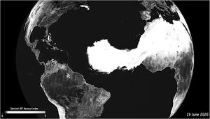 El fenómeno «Godzilla» cruzando el Atlántico central y noroeste de África, 19 de junio del 2020. Densa concentración de polvo sahariano. Fuente: Agencia Espacial Europea (satélites Copernicus Sentinel y Aeolus).