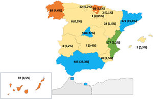 Mapa de España mostrando la distribución geográfica de la cirugía de las cardiopatías congénitas (CC) en las distintas comunidades autónomas (CCAA) en el año 2022. En azul: CCAA con >10% de actividad: Madrid, Andalucía y Cataluña. En verde: CCAA con actividad entre 6-10%: Comunidad Valenciana. En naranja: CCAA con actividad entre 2-5%: País Vasco, Galicia y Canarias. En beige: resto de CCAA, que tienen <2% de actividad en CC.