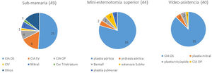 Distribución por cardiopatías en accesos submamario, miniesternotomía superior y videoasistencia.