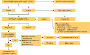 Algoritmo diagnóstico y terapéutico de la hemorragia digestiva de origen oscuro. aConsiderar repetir la gastroscopia antes de completar el estudio con cápsula endoscópica en pacientes con hemorragia digestiva de origen oculto en pacientes con hematemesis o melena recurrente o en casos de una exploración previa incompleta. bEn caso de sangrado abierto masivo, sobre todo en pacientes con inestabilidad hemodinámica, estaría indicado angiografía urgente para intentar identificar el punto de sangrado activo y plantear terapéutica con embolización o abordaje endoscópico dirigido antes de realizar estudio con cápsula endoscópica. Algoritmo diagnóstico y terapéutico de la hemorragia digestiva de origen oscuro. aConsiderar repetir la gastroscopia antes de completar el estudio con cápsula endoscópica en pacientes con hemorragia digestiva de origen oculto en pacientes con hematemesis o melena recurrente o en casos de una exploración previa incompleta. bEn caso de sangrado abierto masivo, sobre todo en pacientes con inestabilidad hemodinámica, estaría indicado angiografía urgente para intentar identificar el punto de sangrado activo y plantear terapéutica con embolización o abordaje endoscópico dirigido antes de realizar estudio con cápsula endoscópica.