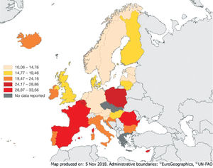 Consumo de antibacterianos (ATC grupo J01) en la comunidad en 2017, expresados en dosis diarias definidas (DDD) por 1.000 habitantes por día (DHD)12. Consumo de antibacterianos (ATC grupo J01) en la comunidad en 2017, expresados en dosis diarias definidas (DDD) por 1.000 habitantes por día (DHD)12.