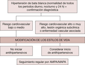 Algoritmo de tratamiento de la hipertensión de bata blanca. AMPA: automedida de la presión arterial; MAPA: monitorización ambulatoria de la presión arterial. Algoritmo de tratamiento de la hipertensión de bata blanca. AMPA: automedida de la presión arterial; MAPA: monitorización ambulatoria de la presión arterial.