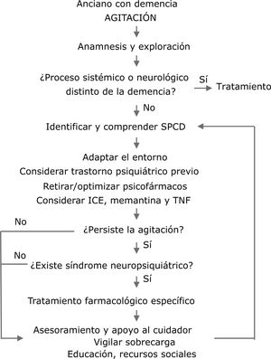 Abordaje de la agitación en el anciano con demencia. ICE: inhibidores de la colinesterasa; SPCD: síntomas psicológicos y conductuales de la demencia; TNF: terapias no farmacológicas.
