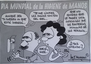 Viñeta publicada en el periódico del caricaturista que impartió la conferencia con motivo de la celebración del día mundial de la HM.