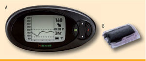 DexCom SEVEN® PLUS. A) DexCom receiver unit, dimensions 11.4 × 5.8 × 2.2 cm. B) DexCom sensor and transmitter, dimensions 3.8 × 2.3 × 0.4 cm. Courtesy of DexCom™, San Diego, CA