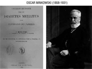 Oskar Minkowski (1858-1931) confirmed that total pancreatectomy induced diabetes in the dog (1890).