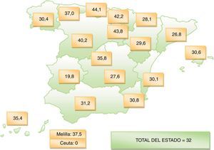 Donantes de órganos por comunidades autónomas en España (tasa anual por millón de población). Datos: 2010 (Organización Nacional de Trasplantes).