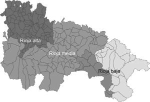 Distribución de la áreas geográficas de la Rioja (rojo, verde y amarillo corresponde al valle riojano y marrón, naranja y gris a la sierra riojana). Zonas más pobladas son el valle de la Rioja media y Rioja baja.