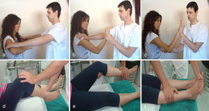 Exploración de la fuerza: A. Músculo deltoides. B. Músculo bíceps C. Músculo tríceps D. Flexores de la rodilla E. Extensores de la rodilla. F. Flexores plantares del tobillo.