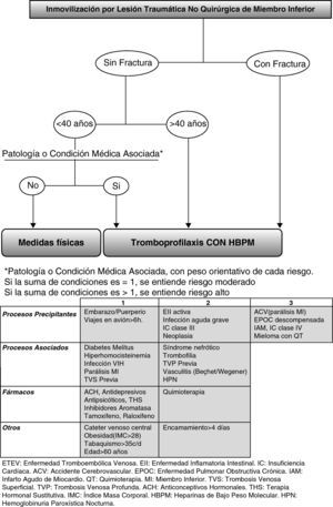 Algoritmo de decisión para tromboprofilaxis durante la inmovilización por lesión traumática no quirúrgica del miembro inferior y tabla de riesgos para la enfermedad tromboembólica venosa, modificada de las recomendaciones Pretemed 20072–12. Se trata de un algoritmo de elaboración propia, para tomar decisión tromboprofiláctica con heparinas de bajo peso molecular en los pacientes con lesión traumática no quirúrgica del miembro inferior, en función de la valoración del riesgo de enfermedad tromboembólica venosa basado en los artículos revisados.