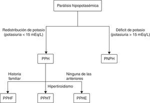 Algoritmo diagnóstico básico de las parálisis hipopotasémicas. (Modificada de Frantchez et al.6). PPH: Parálisis periódica hipopotasémica. PNPH: parálisis no periódica hipopotasémica; PPHF: parálisis periódica hipopotasémica familiar; PPHT: parálisis periódica hipopotasémica tirotóxica; PPHE: parálisis periódica hipopotasémica esporádica.
