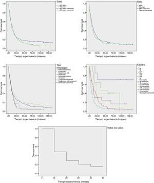 Curva de supervivencia por cáncer de pulmón comparada por grupos de edad, sexo, tipo histológico y estadio del tumor en el momento del diagnóstico, y para el agrupamiento de todos los individuos analizados.