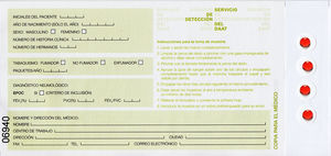 Soporte en papel de toma de muestras de sangre para determinar la concentración sérica de alfa-1-antitripsina (AAT) y genotipo.
