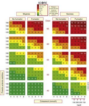 Tabla SCORE: riesgo a 10 años de enfermedad cardiovascular mortal basado en los siguientes factores de riesgo: edad, sexo, presión arterial sistólica y colesterol total. ECV: enfermedad cardiovascular; SCORE: Systematic Coronary Risk Estimation.