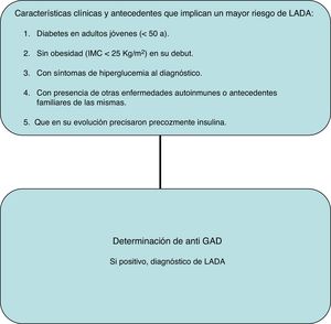 Recomendaciones para el diagnóstico de LADA. Fuente: elaboración propia, inspirado en: Mata M, López-Guzmán A. Manejo de hiperglucemia aguda sin cetosis en el adulto joven con sobrepeso. Av Diabetol. 2008;24:64-72.