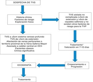 Algoritmo diagnóstico de la trombosis venosa superficial. TVP: trombosis venosa profunda; TVS: trombosis venosa superficial. Modificado de Lozano et al.11.