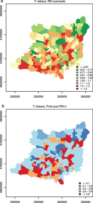 Distribución geográfica de los riesgos relativos suavizados (a) y de la probabilidad posprueba (b) de la incidencia de los tumores relacionados con el tabaco en el Área de Salud de León (1997-2014).