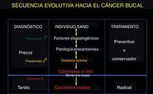Interrelación de factores etiopatogénicos desde el precáncer hacia el cáncer, en contraste con su diagnóstico, su tratamiento y su prevención en función del momento en que estos se lleven a cabo. Obsérvese la reversibilidad del proceso, hasta llegar a la displasia epitelial (según indican las flechas de doble sentido).